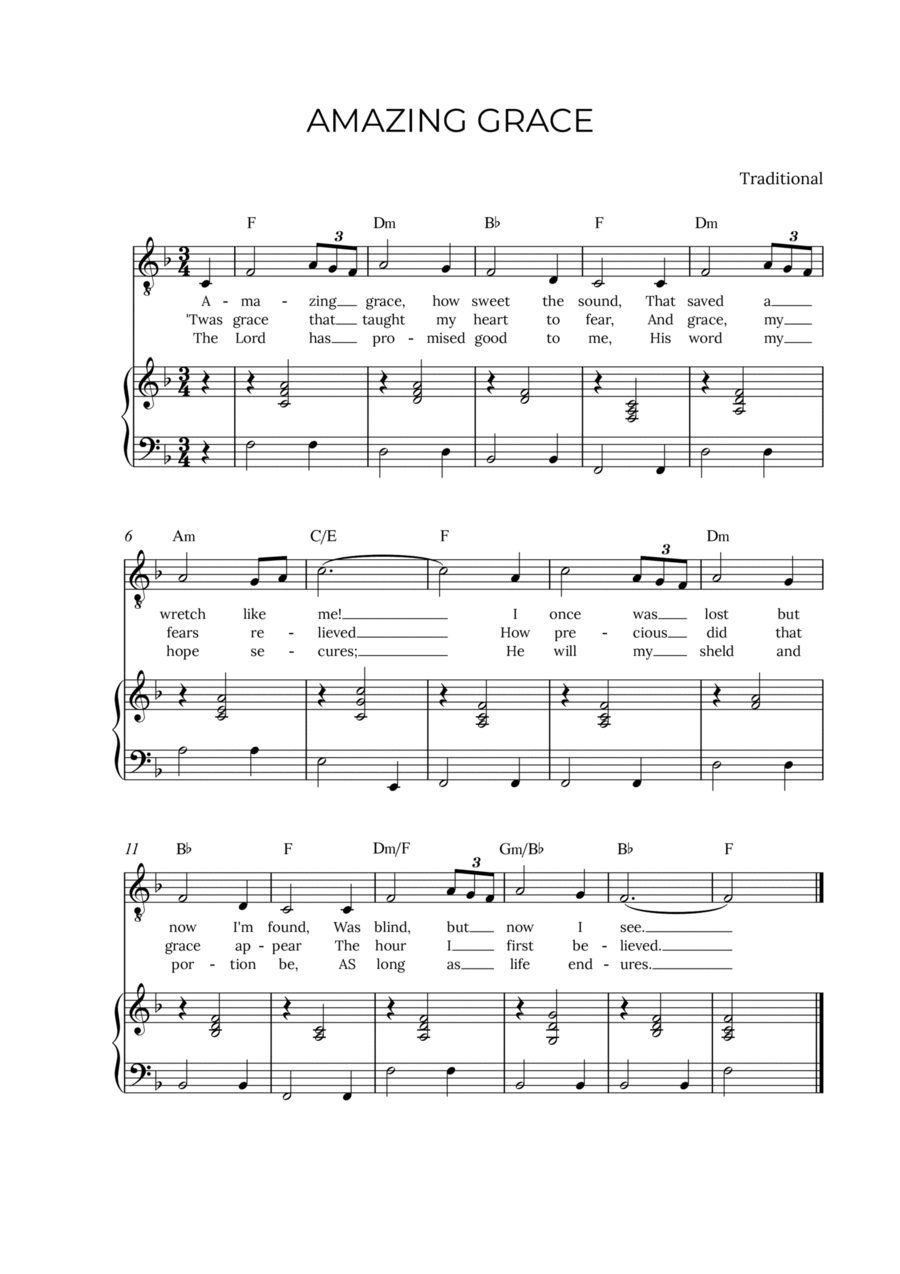AMAZING GRACE - for piano and tenor in F major with chords Voice scores gallery preview page 1