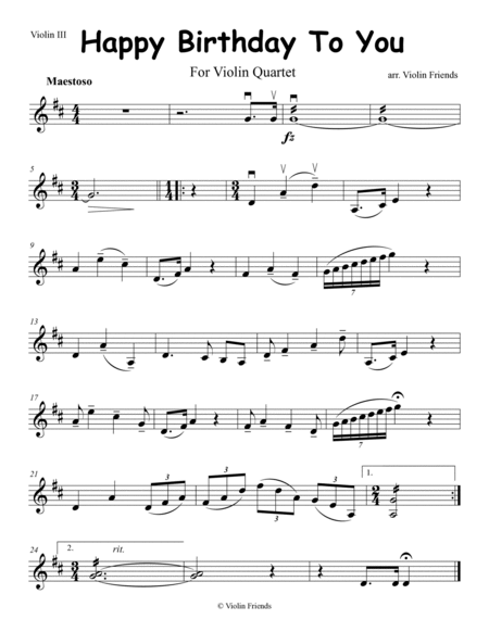Sheet music for Violin Quartet: Happy Birthday to You image number null