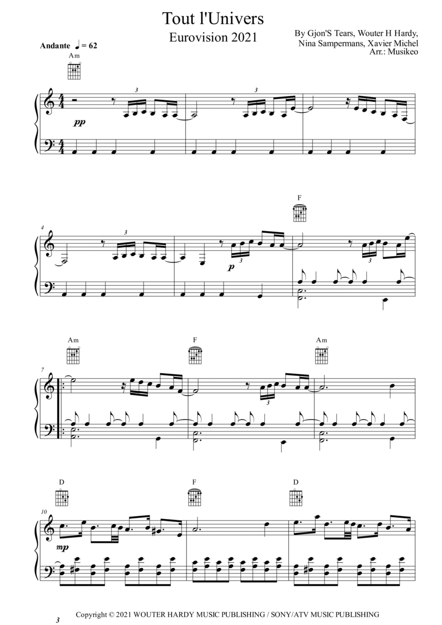 Tout L'univers Piano, Vocal, Guitar scores gallery preview page 1