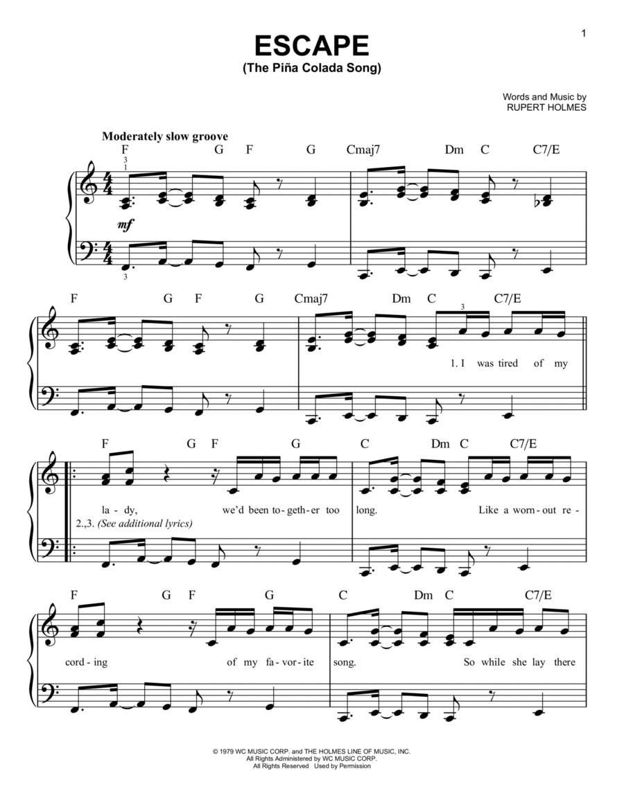 Escape (The Piña Colada Song) Easy Piano scores gallery preview page 1