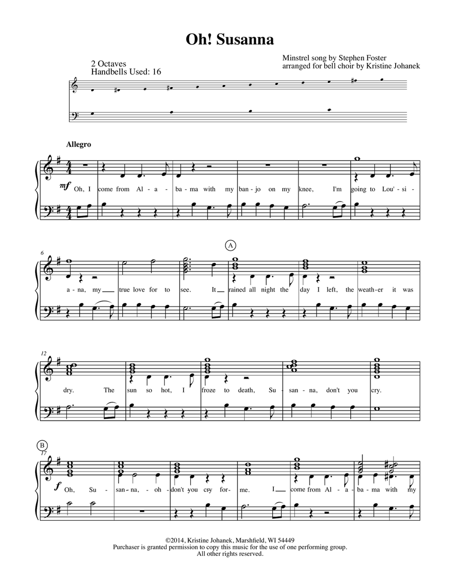 Oh! Susanna (2 octave handbells, tone chimes or hand chimes) Oh! Susanna (2 octave handbells, tone chimes or hand chimes) 2-Octaves scores gallery preview page 2