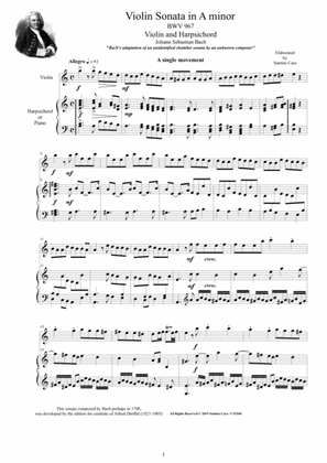 Bach - Violin Sonata in A minor BWV 967 for Violin and Harpsichord (or Piano)
