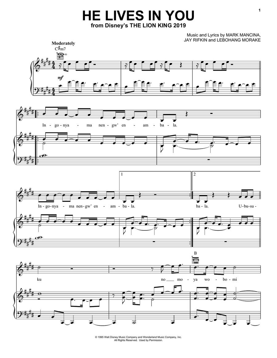 He Lives In You (from The Lion King 2019) Piano, Vocal, Guitar scores gallery preview page 1