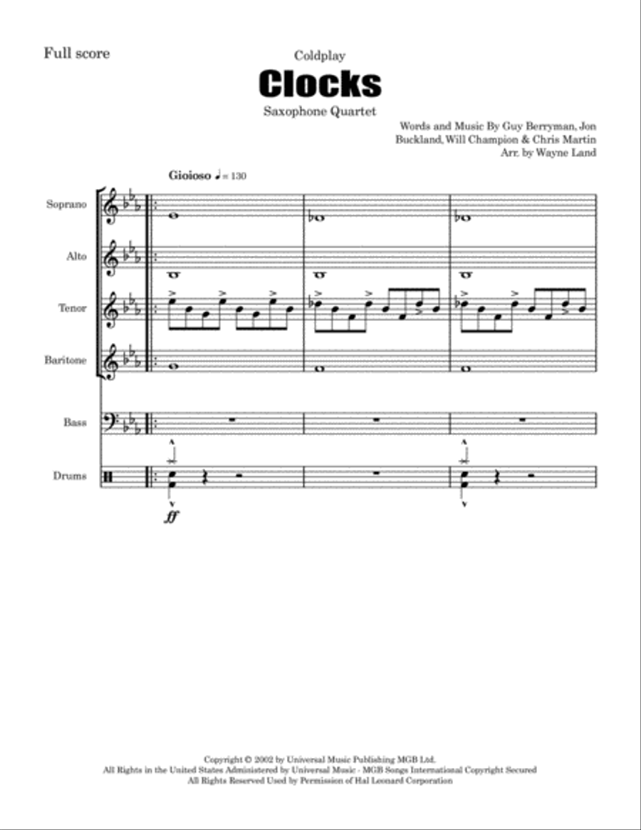 Clocks Saxophone Quartet scores gallery preview page 2