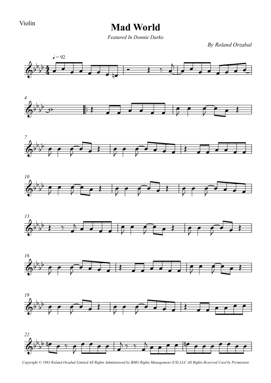 Mad World Violin Solo scores gallery preview page 1