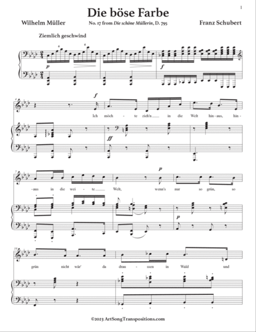 SCHUBERT: Die böse Farbe, D. 795 no. 17 (transposed to A-flat major) Voice scores gallery preview page 2
