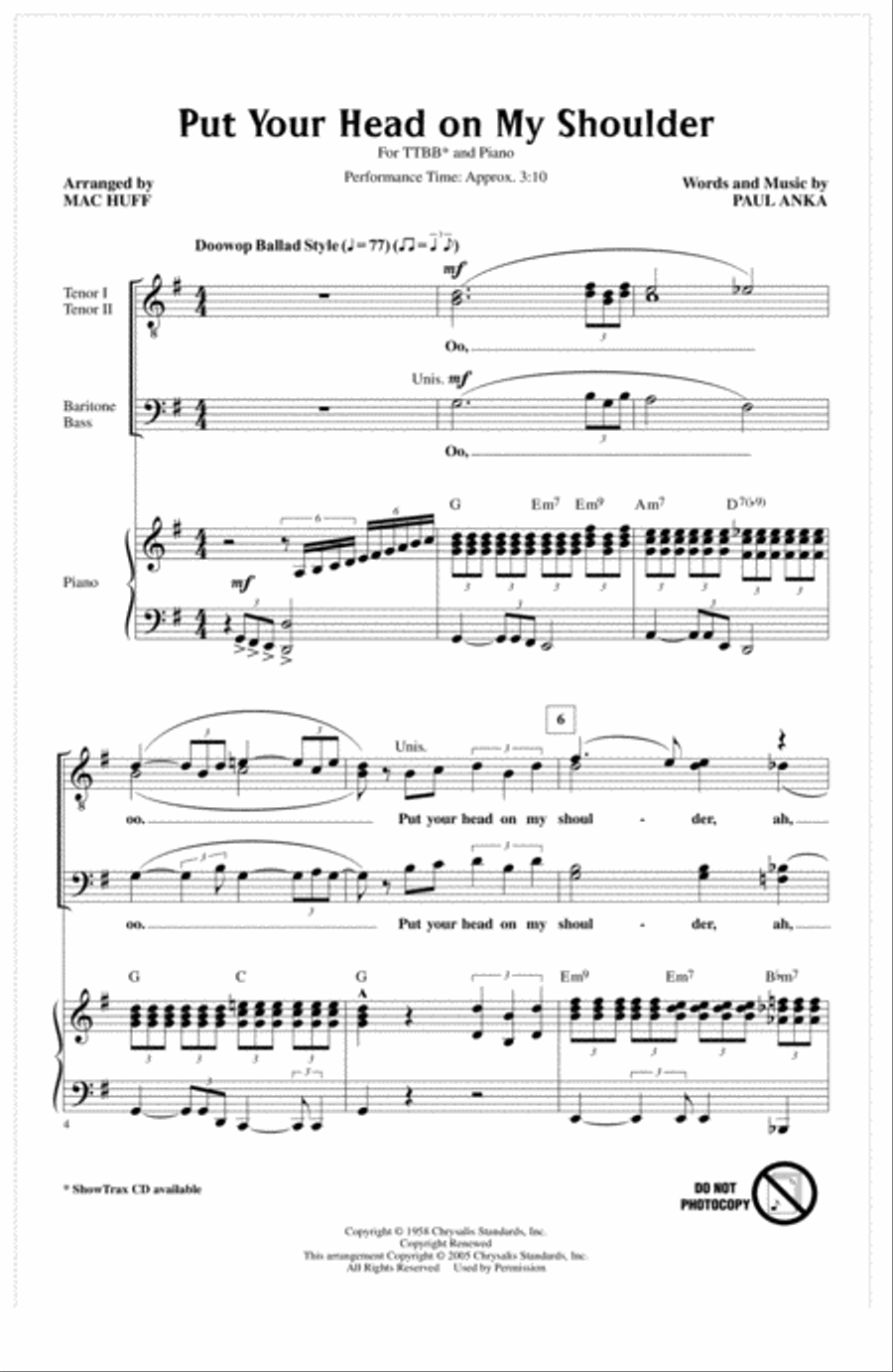 Put Your Head On My Shoulder (arr. Mac Huff) TTBB scores gallery preview page 1