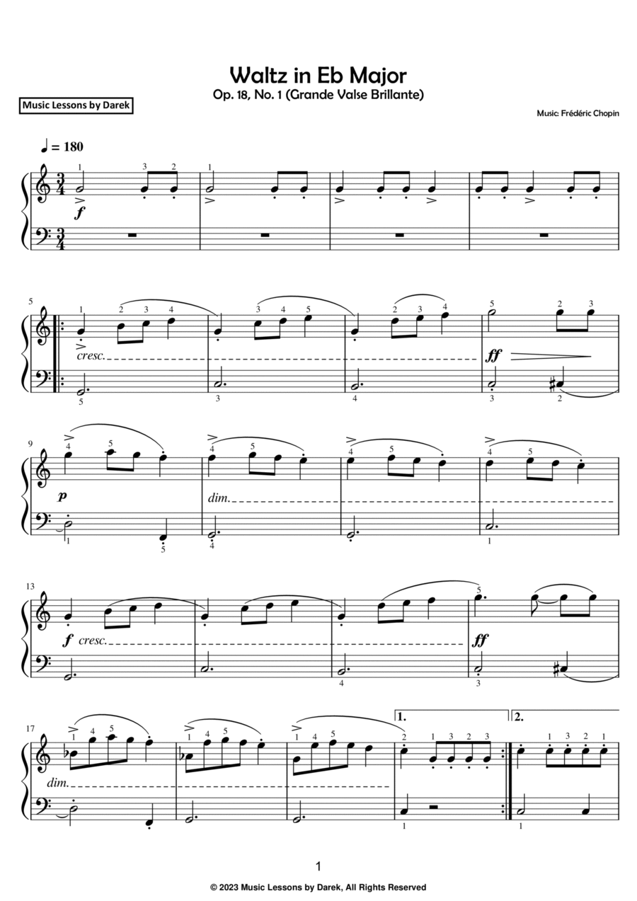 Waltz in Eb Major (EASY PIANO) Op. 18, No. 1 (Grande Valse Brillante) [Frédéric Chopin] Easy Piano scores gallery preview page 1