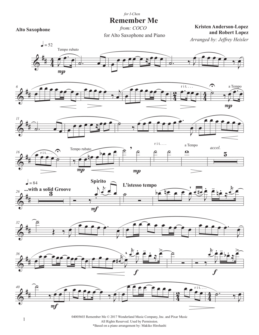 Remember Me (lullaby) Alto Saxophone scores gallery preview page 1