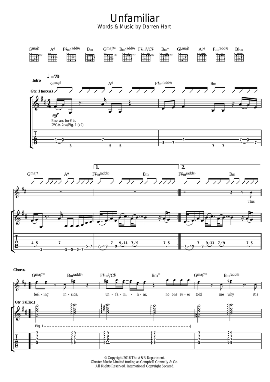 Unfamilar Guitar Tablature scores gallery preview page 1