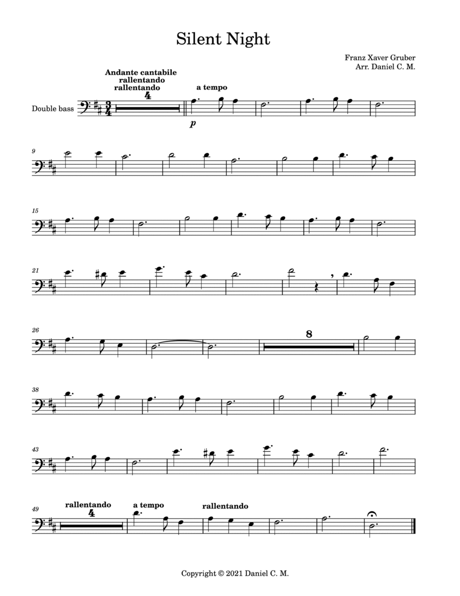 Silent Night for double bass and piano (easy) Double Bass scores gallery preview page 1