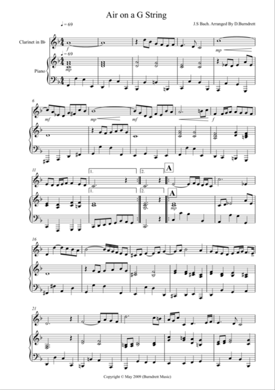 Air On A G String for Clarinet And Piano Clarinet scores gallery preview page 1