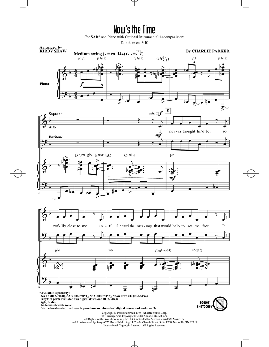 Now's The Time (arr. Kirby Shaw) 3-Part scores gallery preview page 1