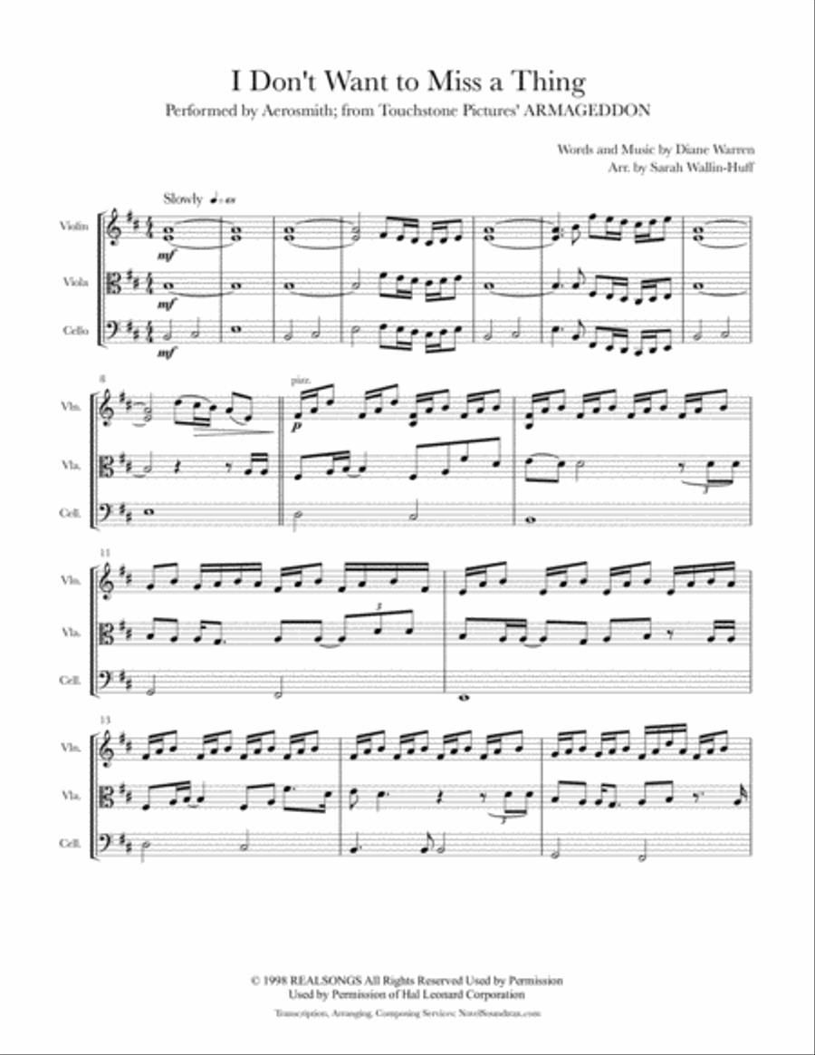 I Don't Want To Miss A Thing String Trio scores gallery preview page 1