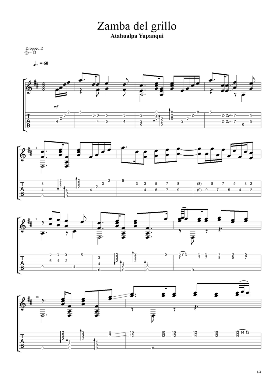 Zamba del Grillo Guitar Tablature scores gallery preview page 1