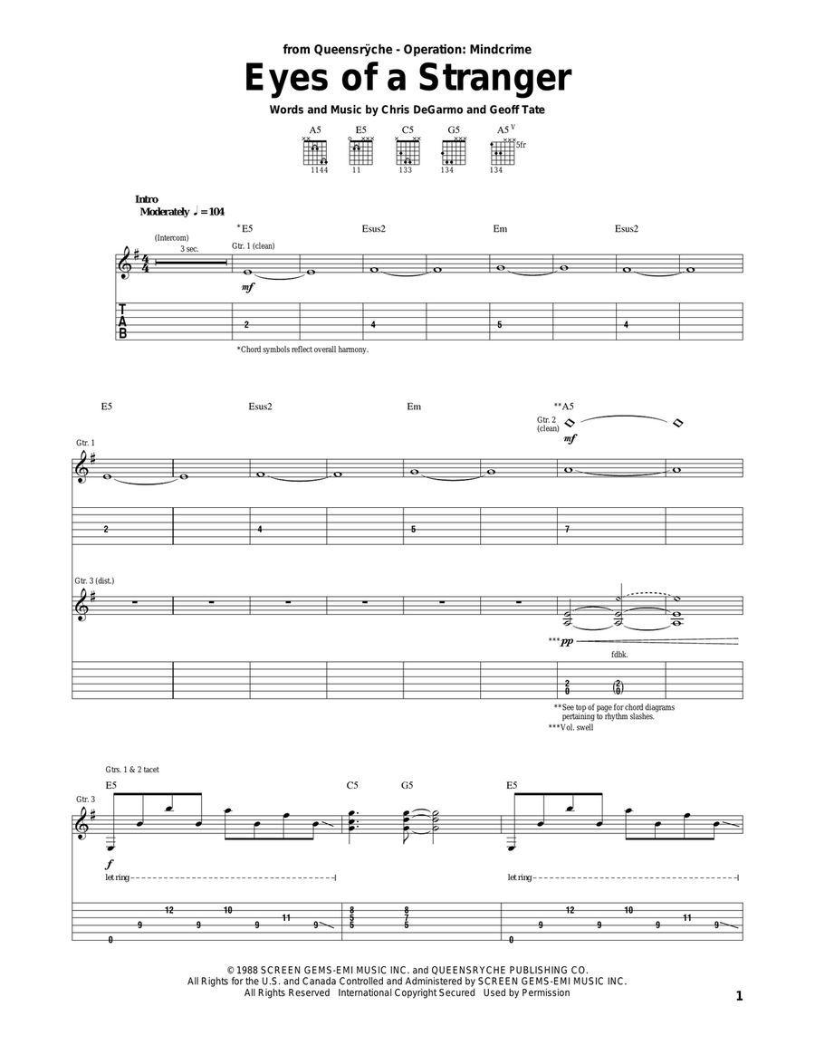 Eyes Of A Stranger Electric Guitar scores gallery preview page 1