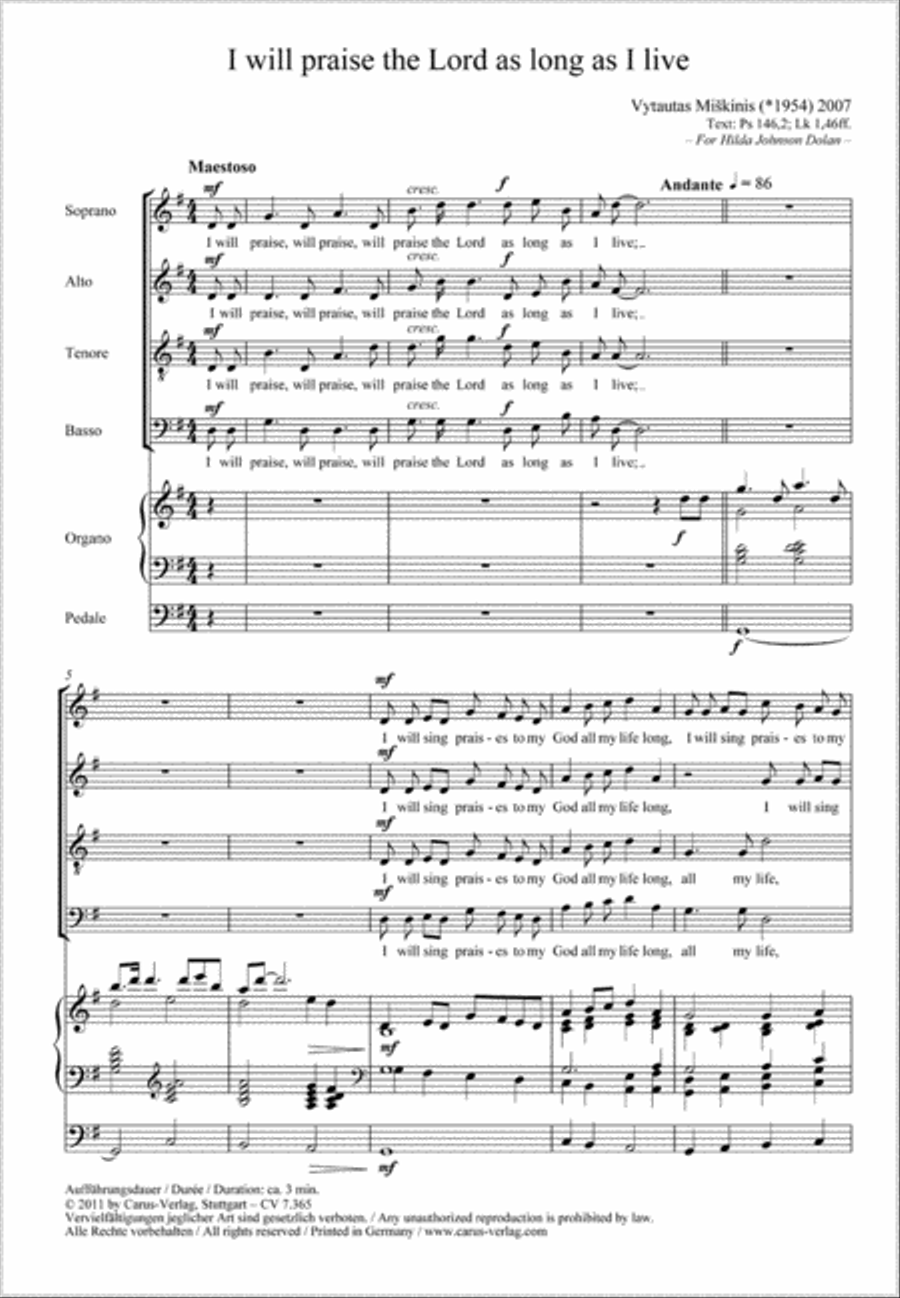 I will praise the Lord as long as I live 4-Part scores gallery preview page 1