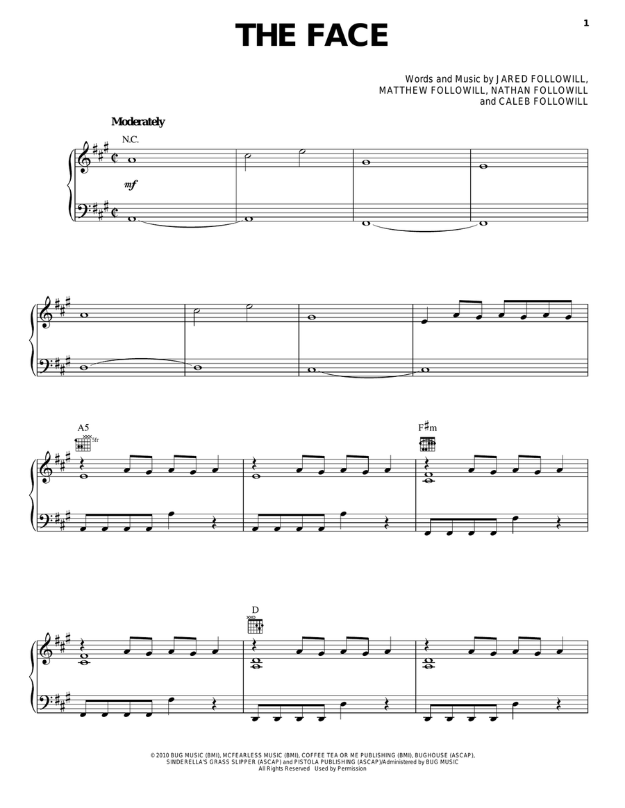 The Face Piano, Vocal, Guitar scores gallery preview page 1