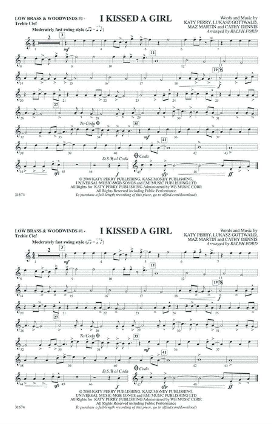 I Kissed a Girl: Low Brass & Woodwinds #1 - Treble Clef Marching Band scores gallery preview page 1