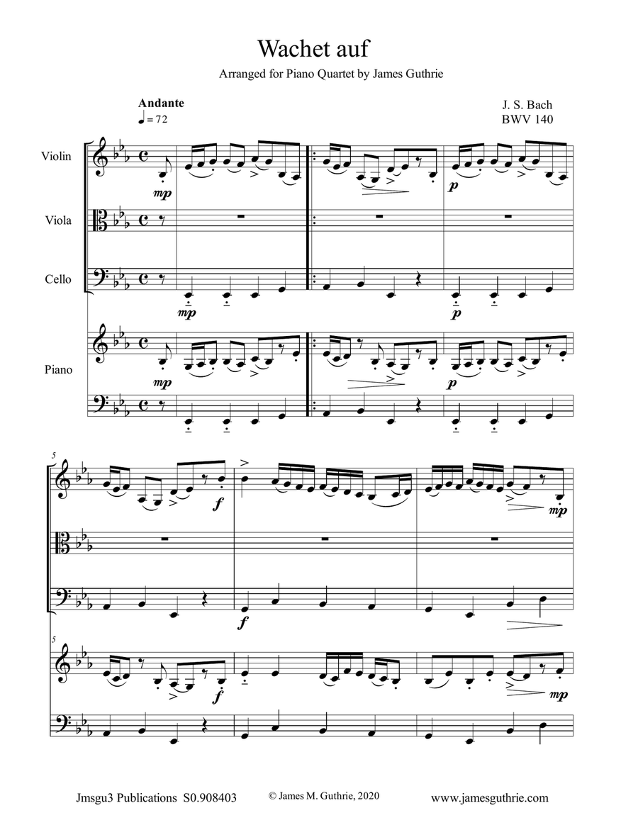 Bach: Wachet auf for Piano Quartet Piano Quartet scores gallery preview page 1
