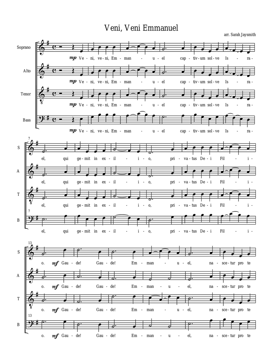 Veni, veni, Emmanuel / O come, o come, Emmanuel (SATB, a cappella) arranged by Sarah Jaysmith (Tradi 4-Part scores gallery preview page 1
