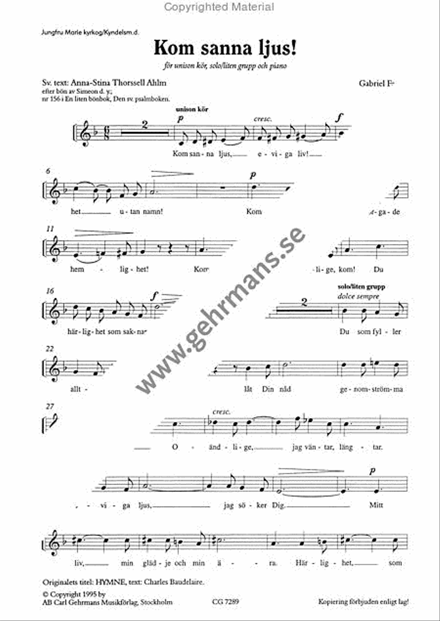 Kom sanna ljus! Unison Choir scores gallery preview page 2