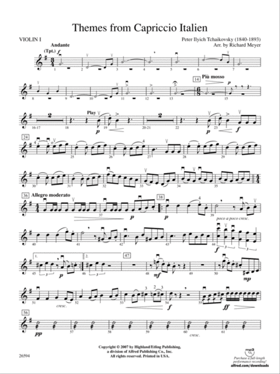 Themes from Capriccio Italien: 1st Violin Full Orchestra scores gallery preview page 1