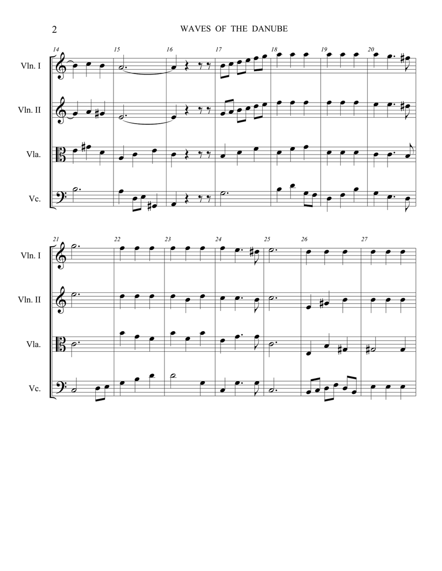 Waves of the Danube arranged for level 3 players. four part string ensemble 4-Part scores gallery preview page 2