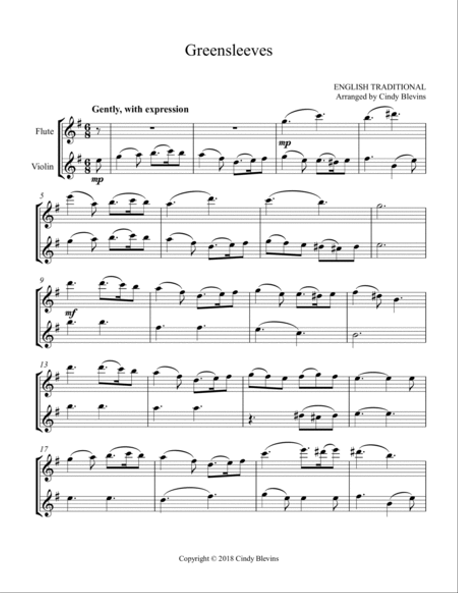 Greensleeves, for Flute and Violin Flute scores gallery preview page 2