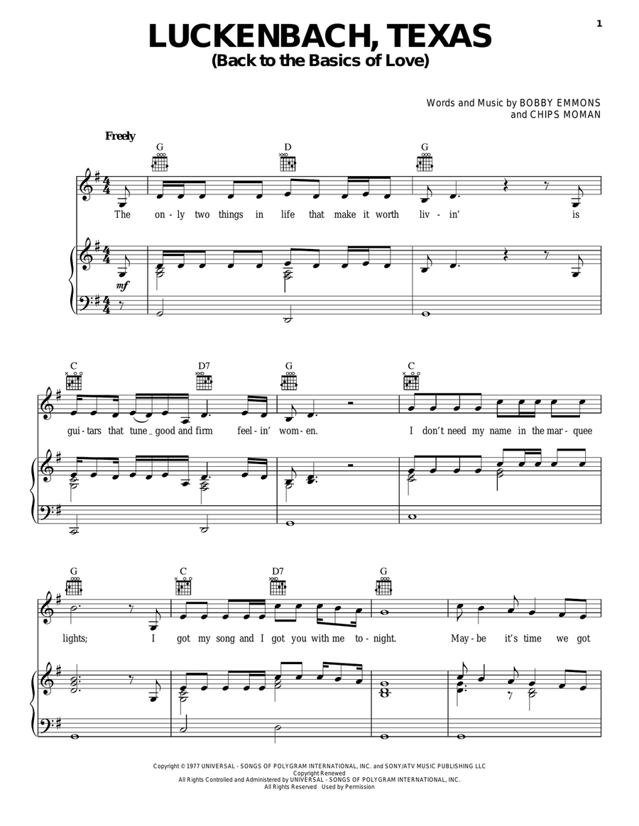 Luckenbach, Texas (Back To The Basics Of Love) Piano, Vocal, Guitar scores gallery preview page 1