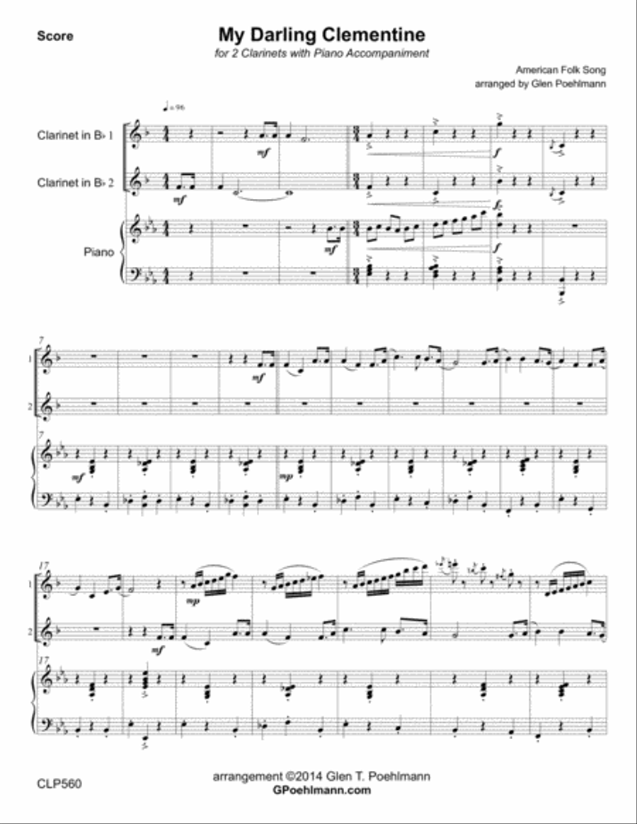 MY DARLING CLEMENTINE - CLARINET DUET with Piano Accompaniment (Grade 4-) Clarinet Duet scores gallery preview page 1