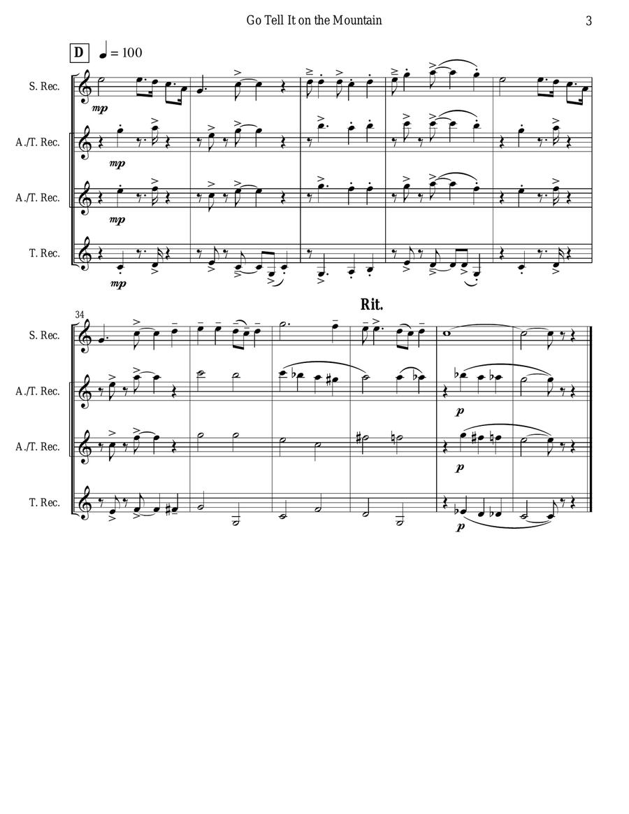 Go Tell It on the Mountain (Recorder Quartet) Soprano Recorder scores gallery preview page 3