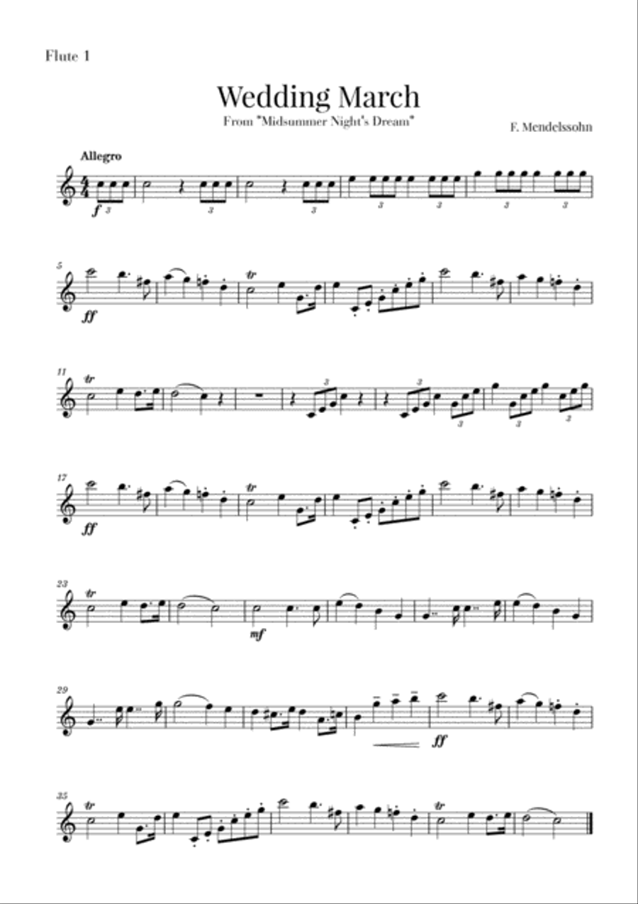 Wedding March for 2 Violins and 2 Flutes - Mendelssohn Flute scores gallery preview page 4