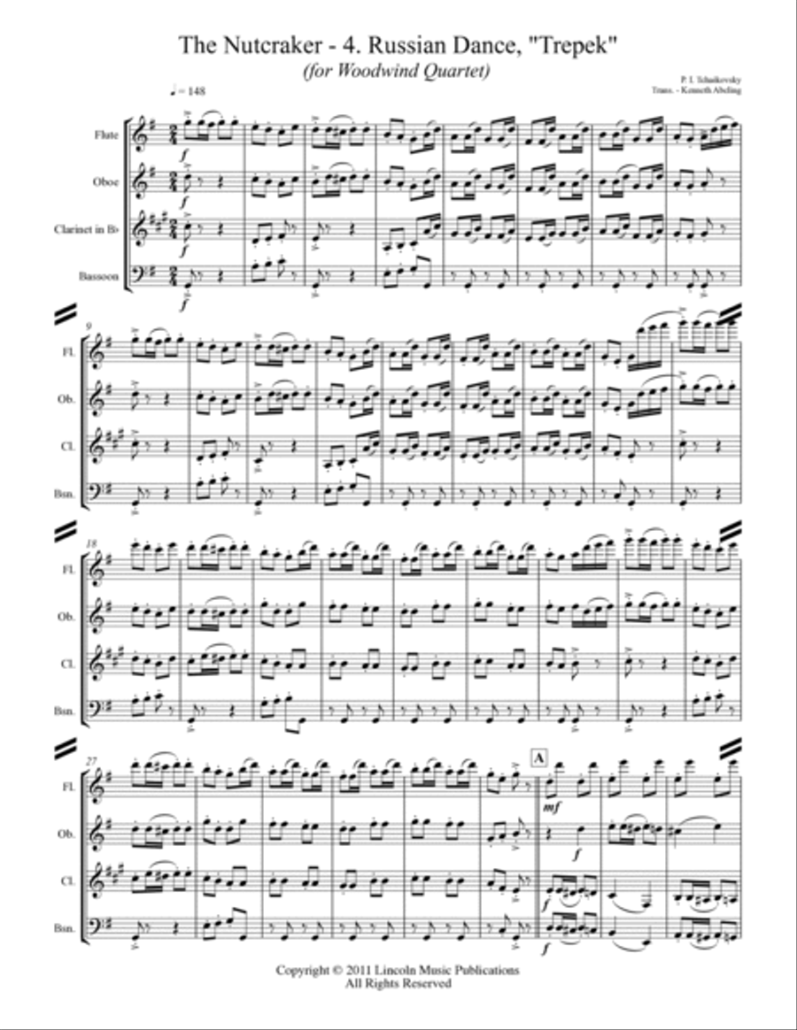 The Nutcracker Suite - 4. Russian Dance, Trépak (for Woodwind Quartet) Woodwind Quartet scores gallery preview page 2