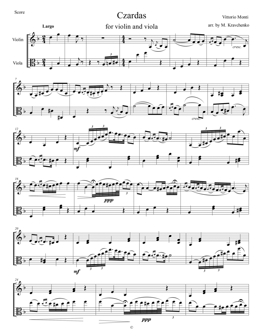 Vittorio Monti Czardas arr. for violin and viola score and