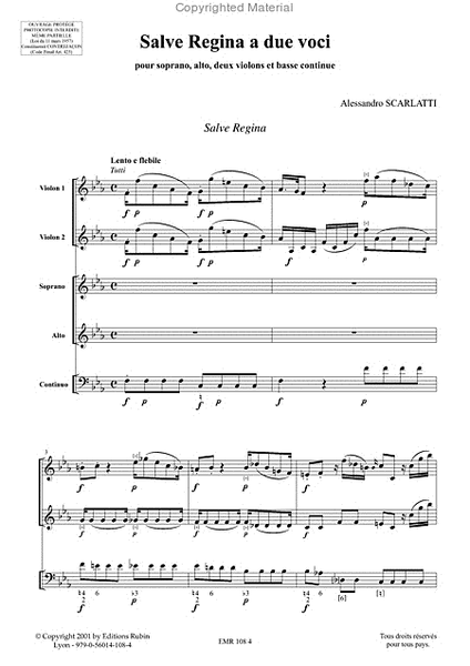 Salve regina a due voci pour soprano, alto, 2 violons et basse continue