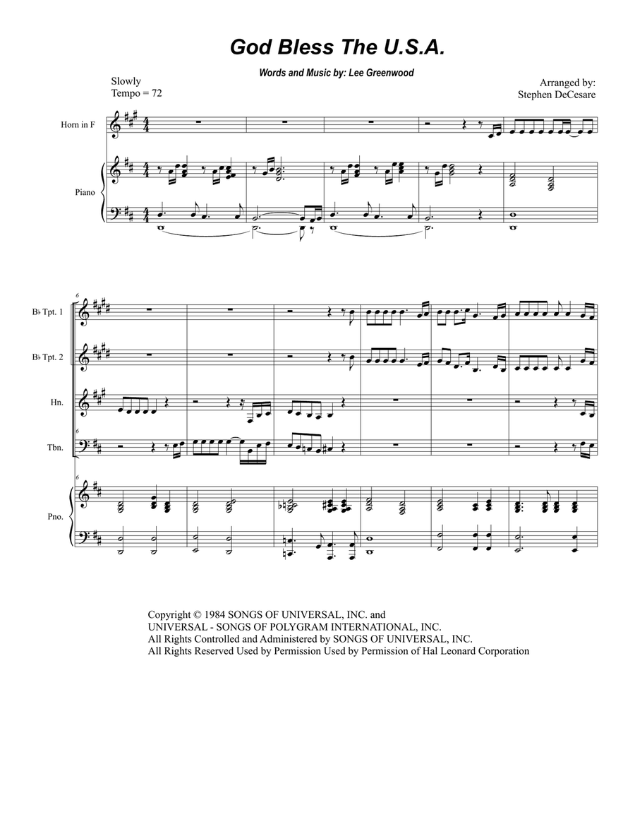 God Bless The U.S.A. Brass Ensemble scores gallery preview page 1
