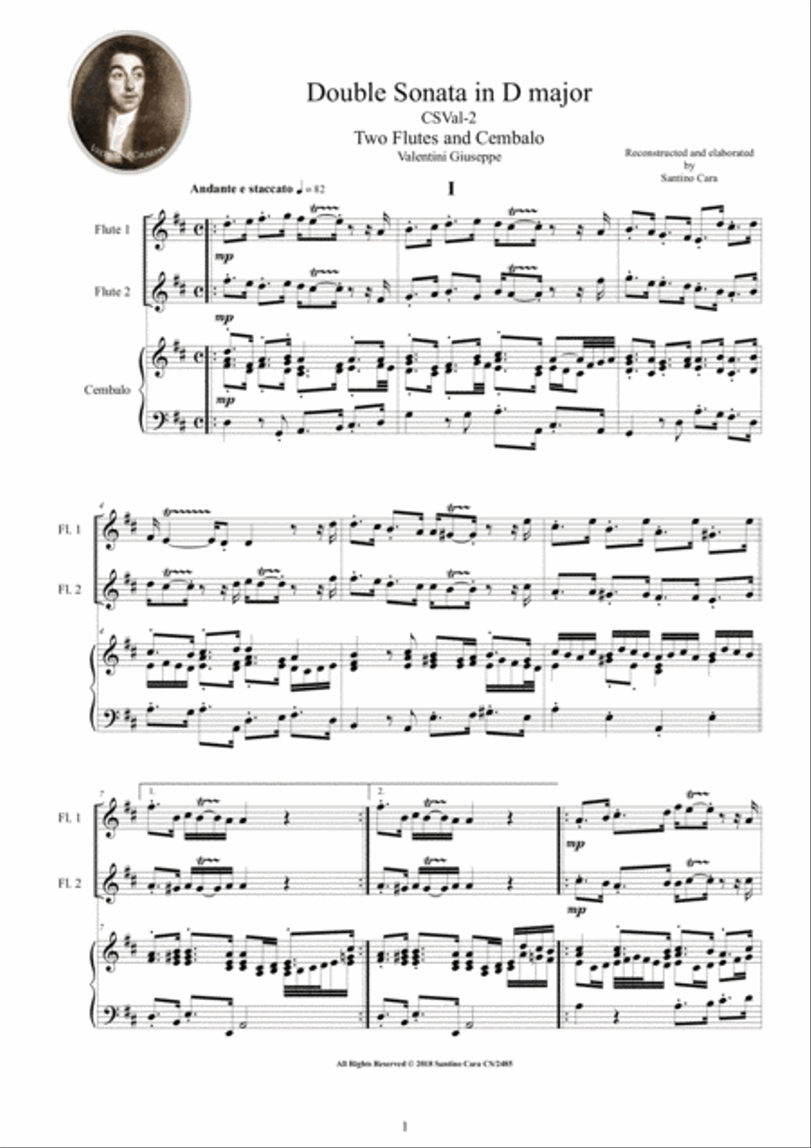 Valentini - Double Sonata in D major CSVal-2 for Two Flutes and Cembalo Flute Duet scores gallery preview page 1