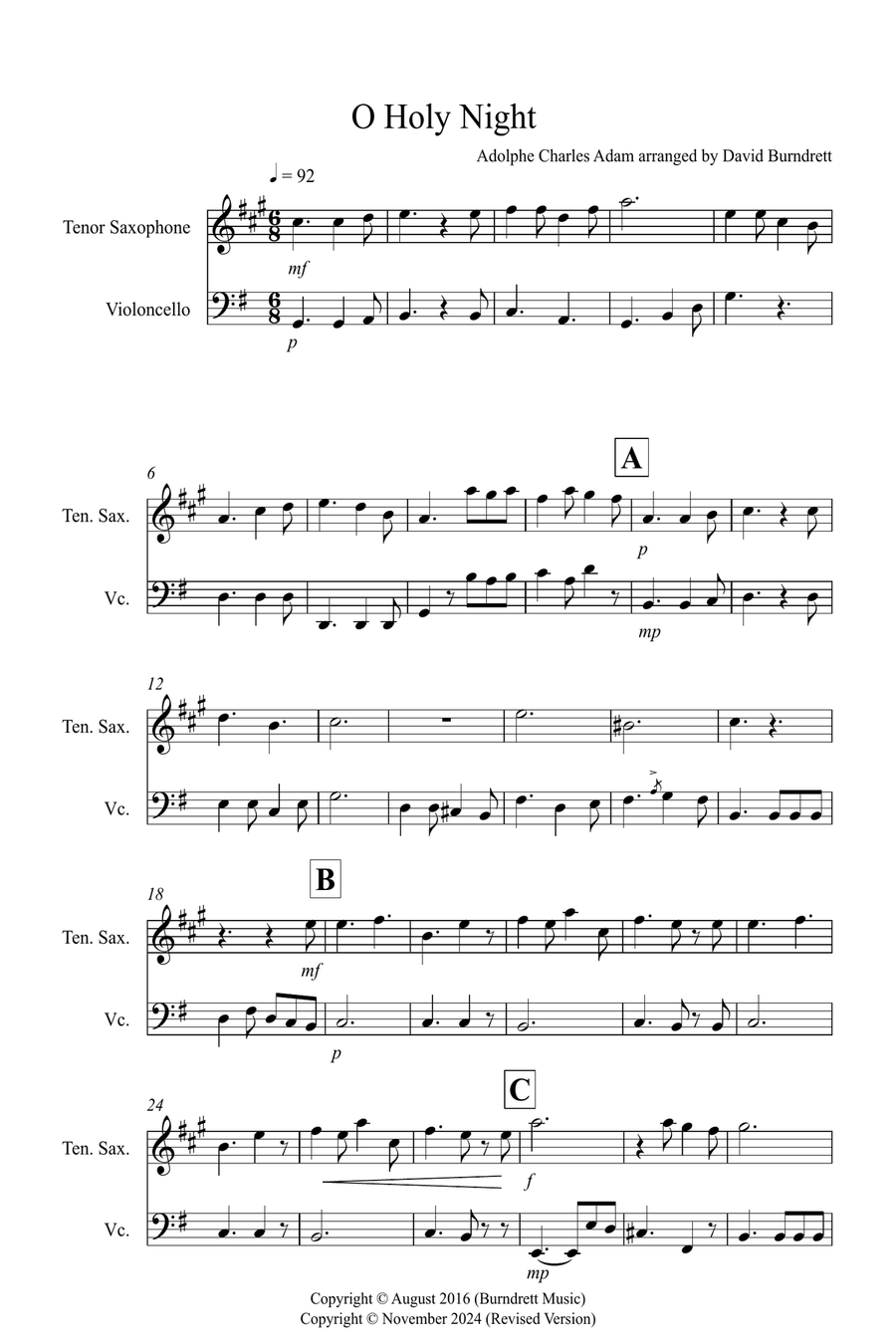 O Holy Night for Tenor Saxophone and Cello Duet Tenor Saxophone scores gallery preview page 1