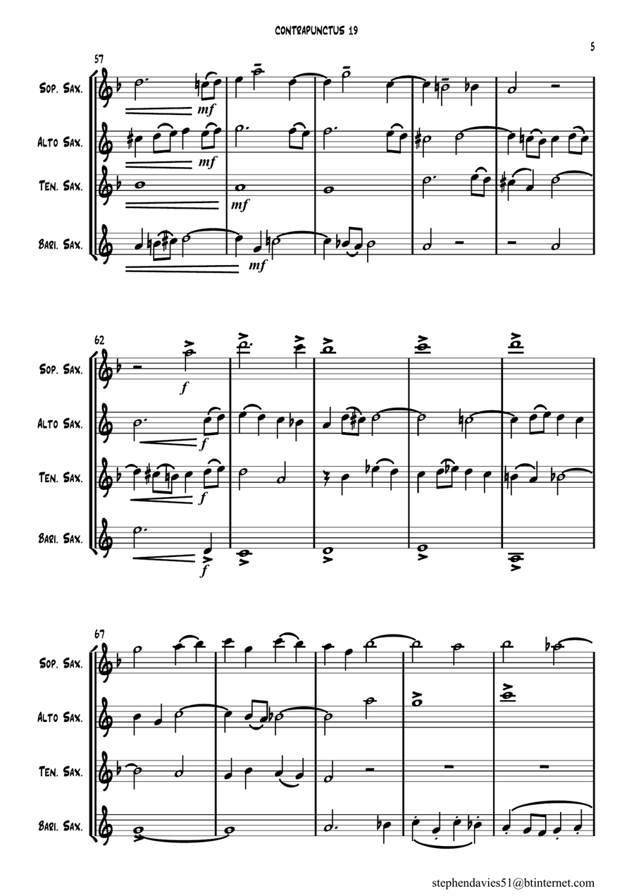 'Contrapunctus 19' By J.S.Bach BWV 1080 from 'The Art of the Fugue' for Saxophone Quartet. Saxophone Quartet scores gallery preview page 5