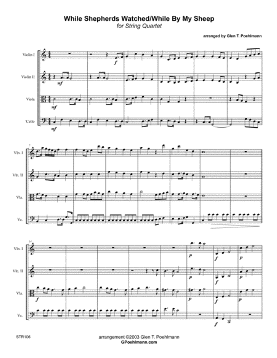 WHILE SHEPHERDS WATCHED/WHILE BY MY SHEEP - unaccompanied STRING QUARTET (or 3 Violins & Cello) String Quartet scores gallery preview page 1