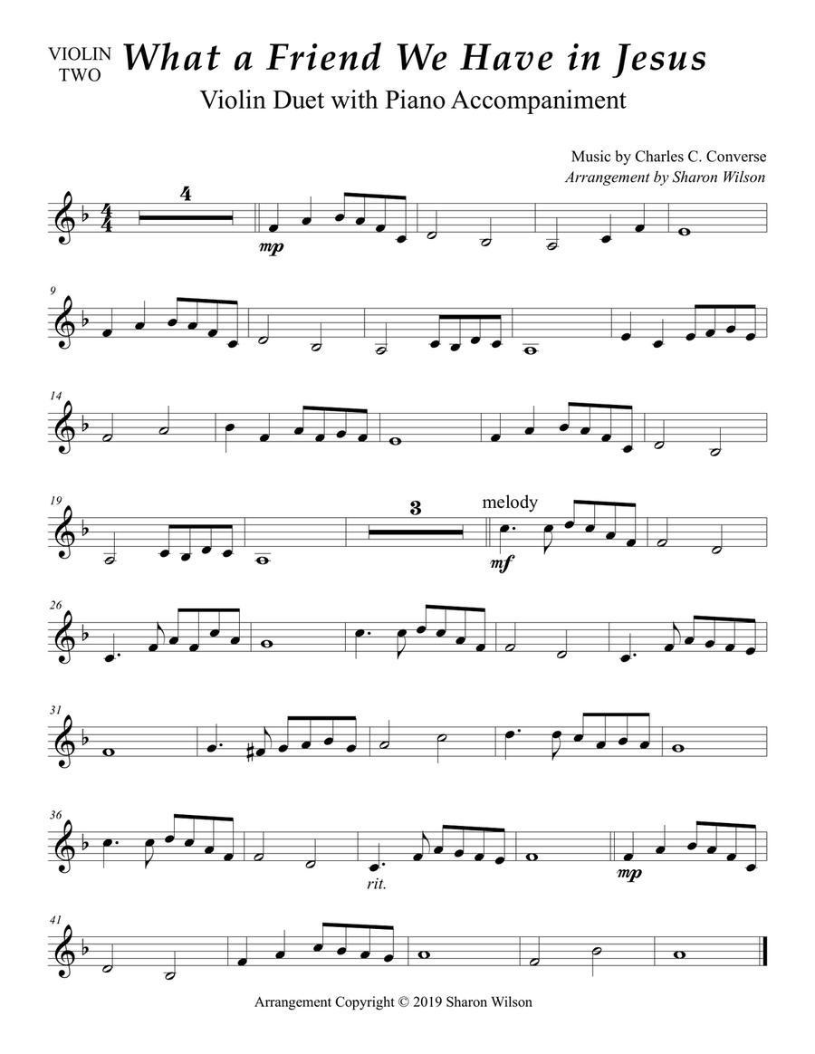What a Friend We Have in Jesus (Easy Violin Duet with Piano Accompaniment) String Duet scores gallery preview page 3