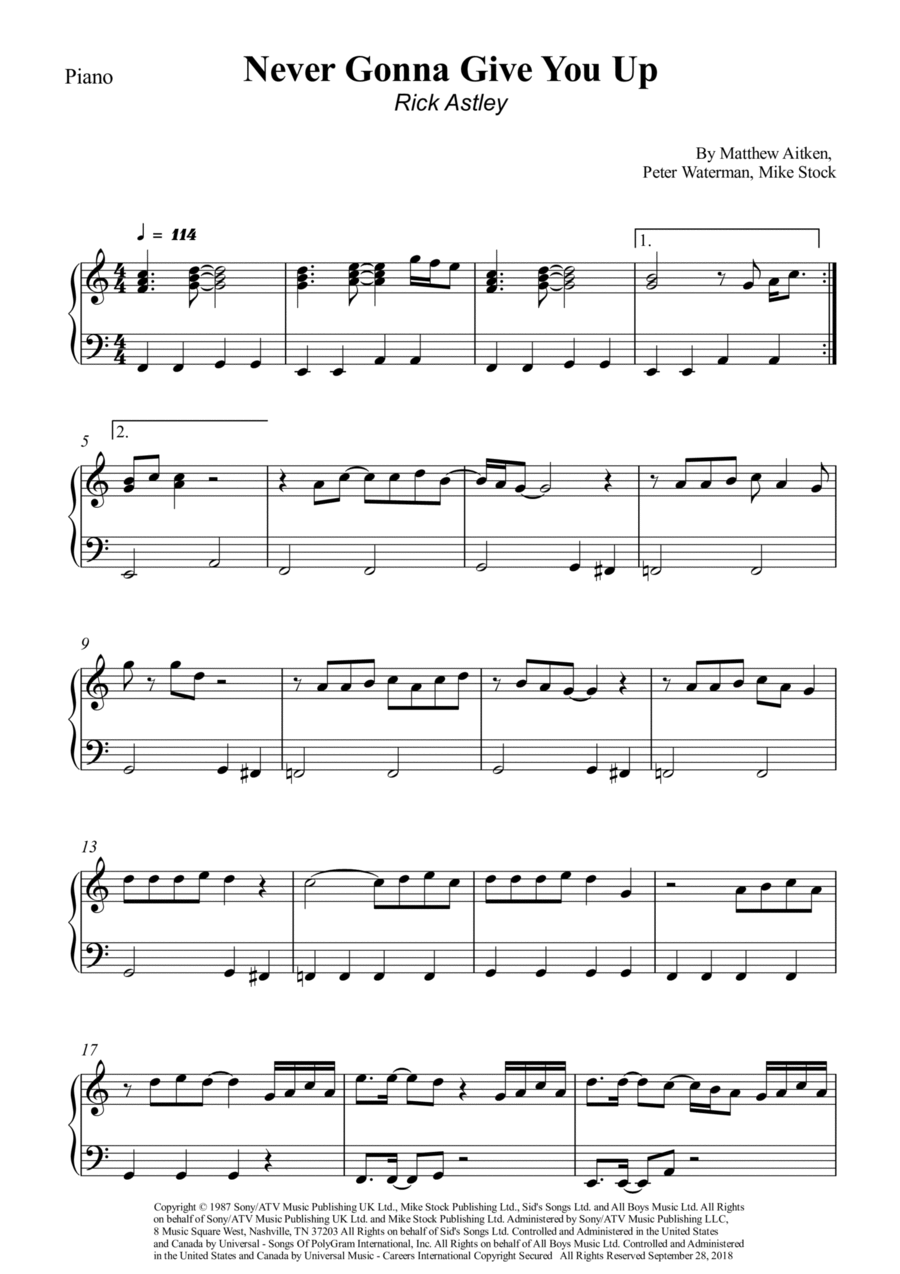 Never Gonna Give You Up Easy Piano scores gallery preview page 1