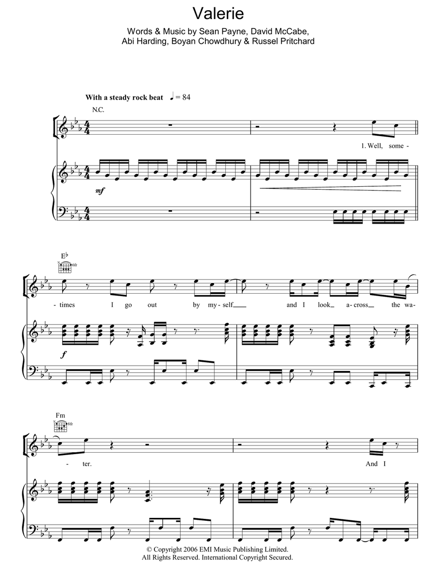 Valerie Piano, Vocal, Guitar scores gallery preview page 1