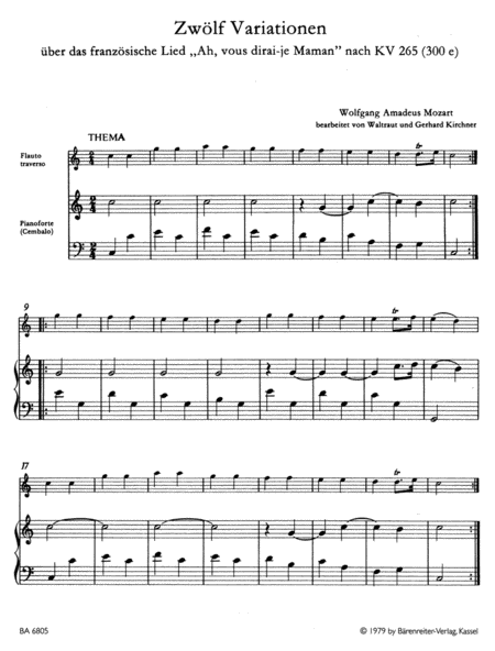 Zwolf Variationen uber das franzosische Lied "Ah, vous dirai-je Maman" nach KV 265 (300e) for Flute and Piano (Harpsichord)