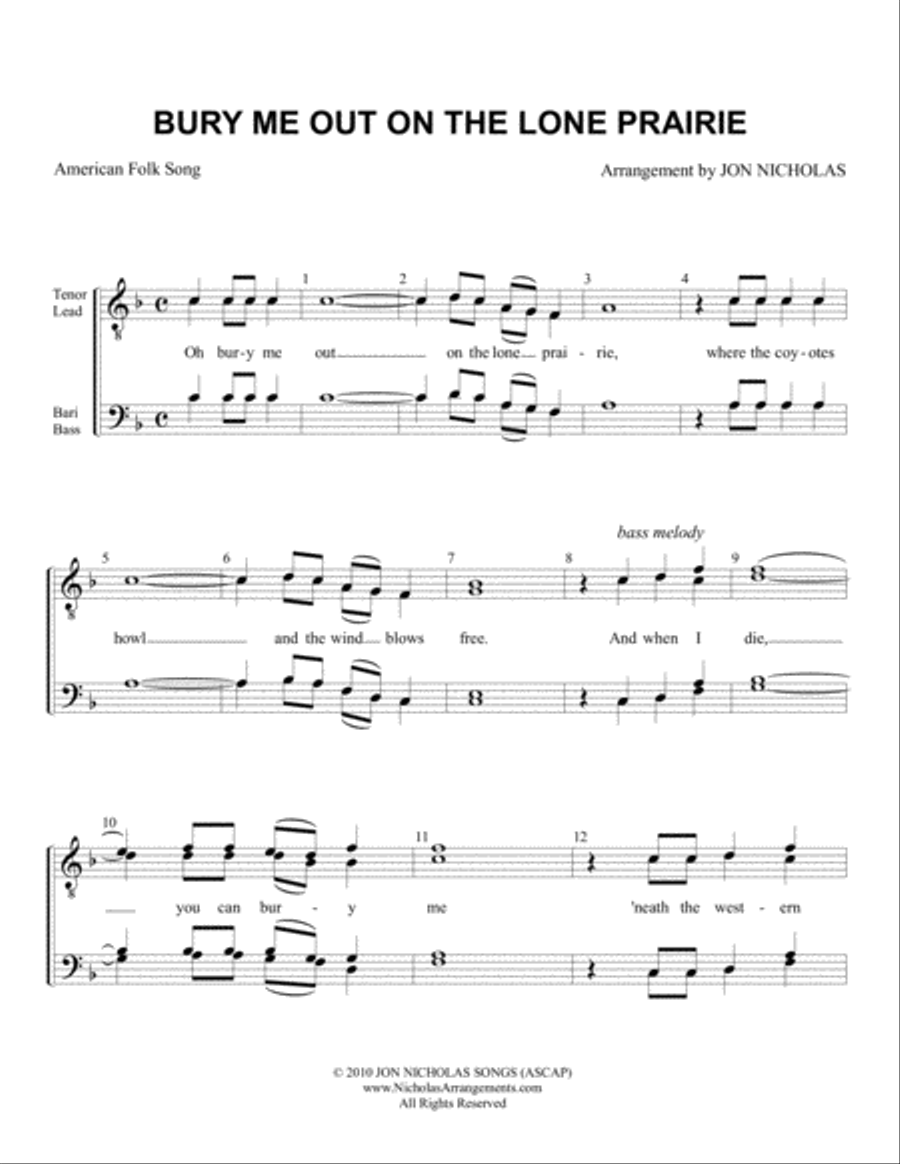 Bury Me Out On The Lone Prairie TTBB scores gallery preview page 1