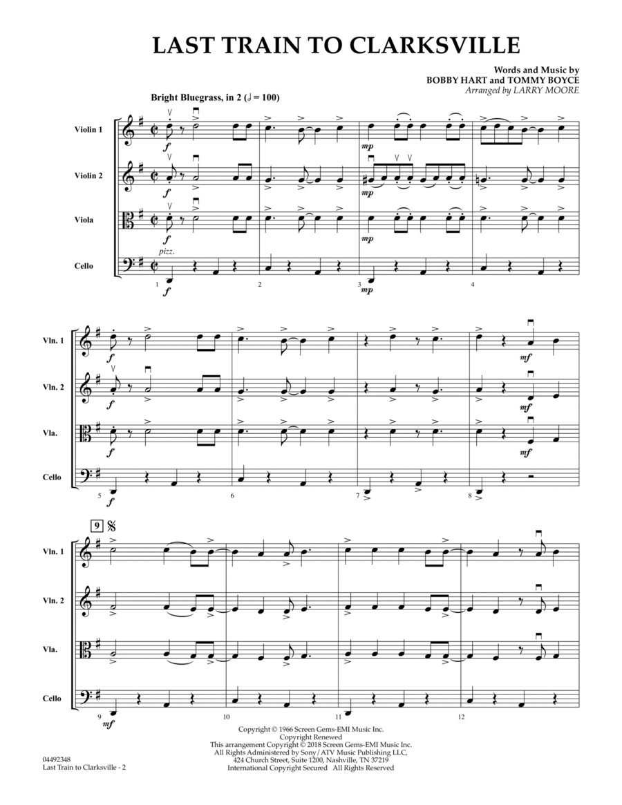 Last Train to Clarksville (arr. Larry Moore) - Conductor Score (Full Score) String Quartet scores gallery preview page 1