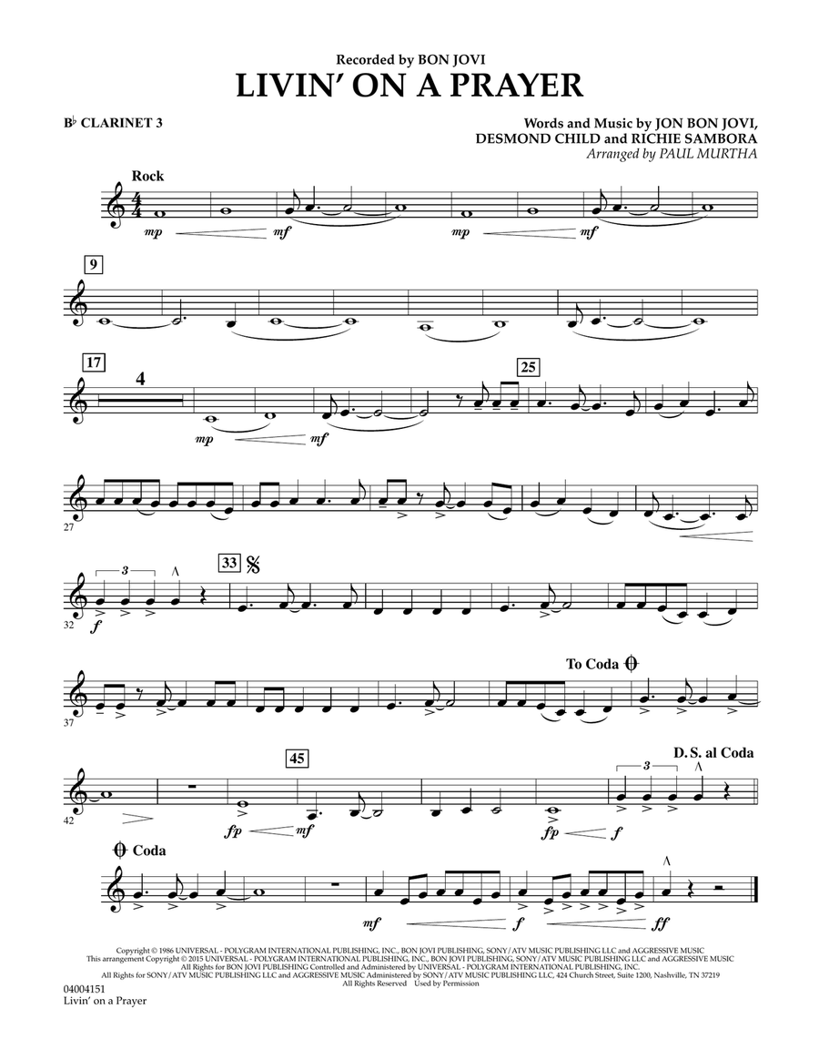 Livin' On A Prayer - Bb Clarinet 3 Concert Band scores gallery preview page 1