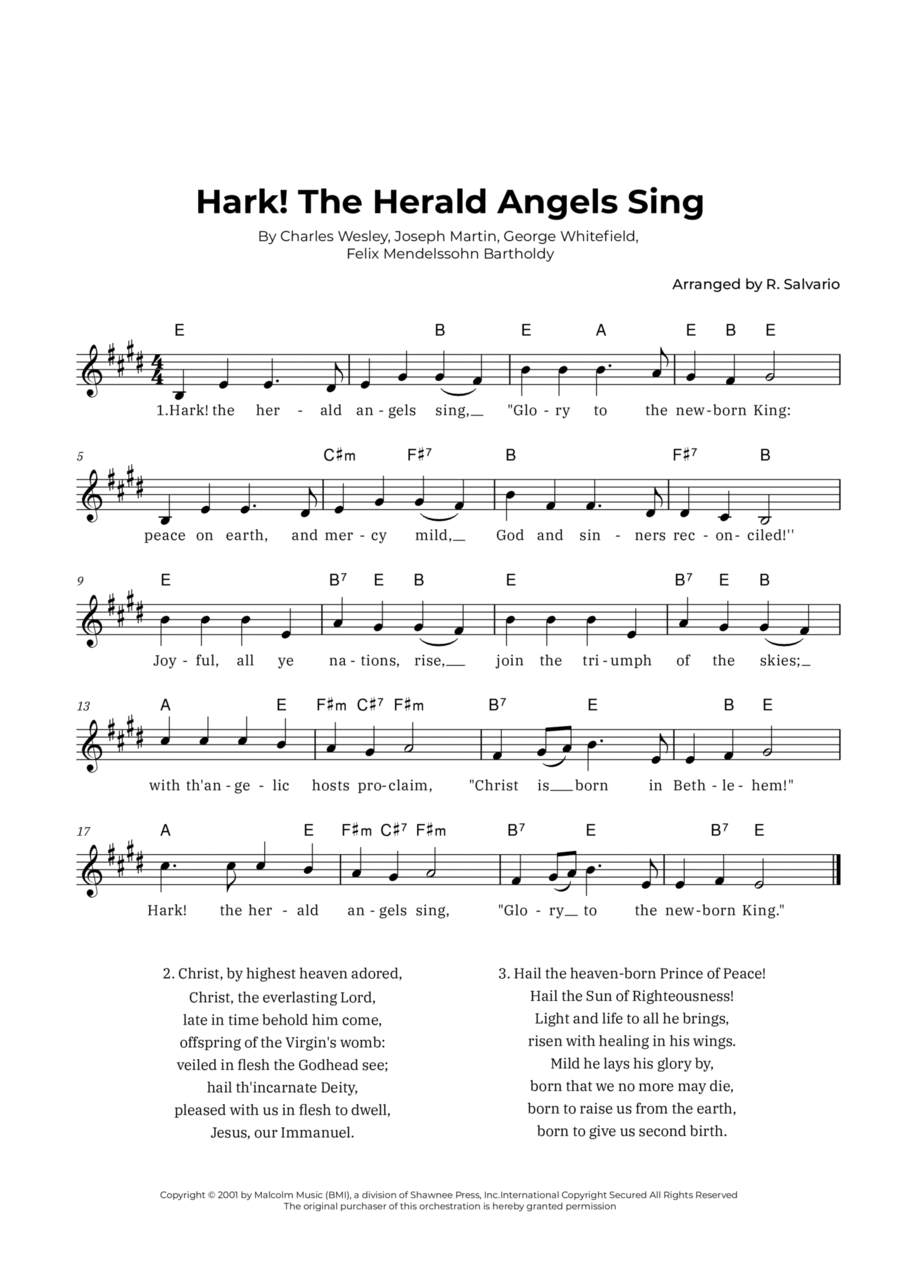 Hark! The Herald Angels Sing (Key of E Major) Piano scores gallery preview page 1