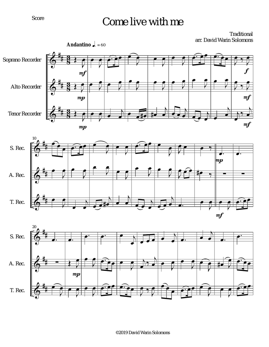 Come live with me for recorder trio (soprano, alto, tenor) Soprano Recorder scores gallery preview page 1